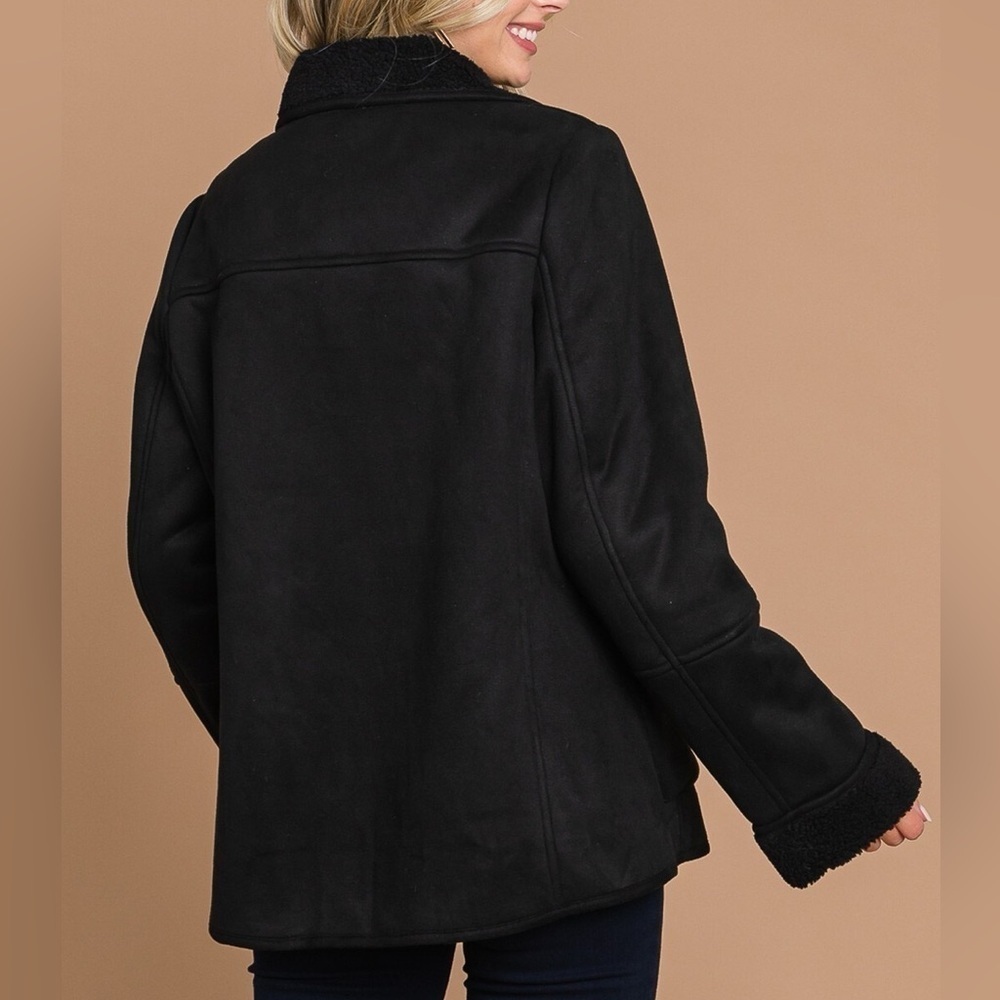 Black Faux Suede Jacket with Faux Fur Lining - Picture 5 of 6